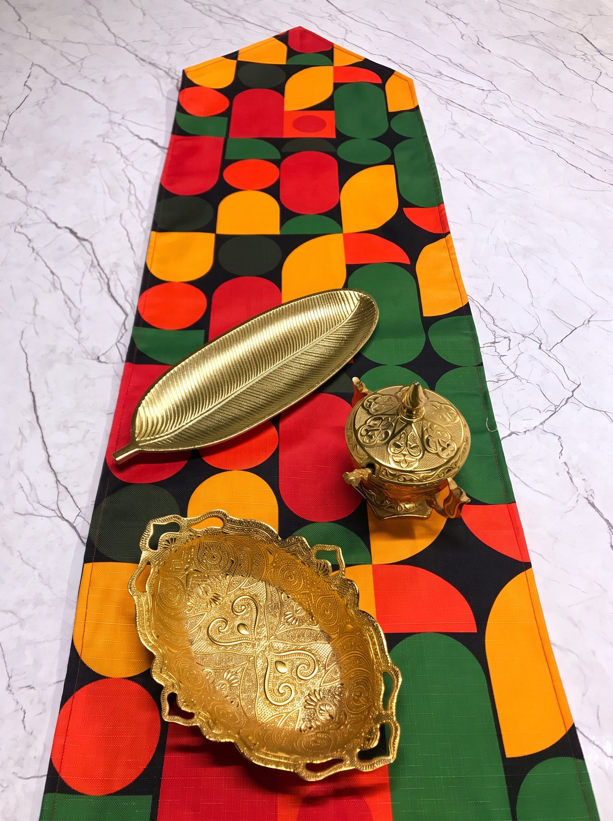 Mustard Red & Green Geometric Table Runner